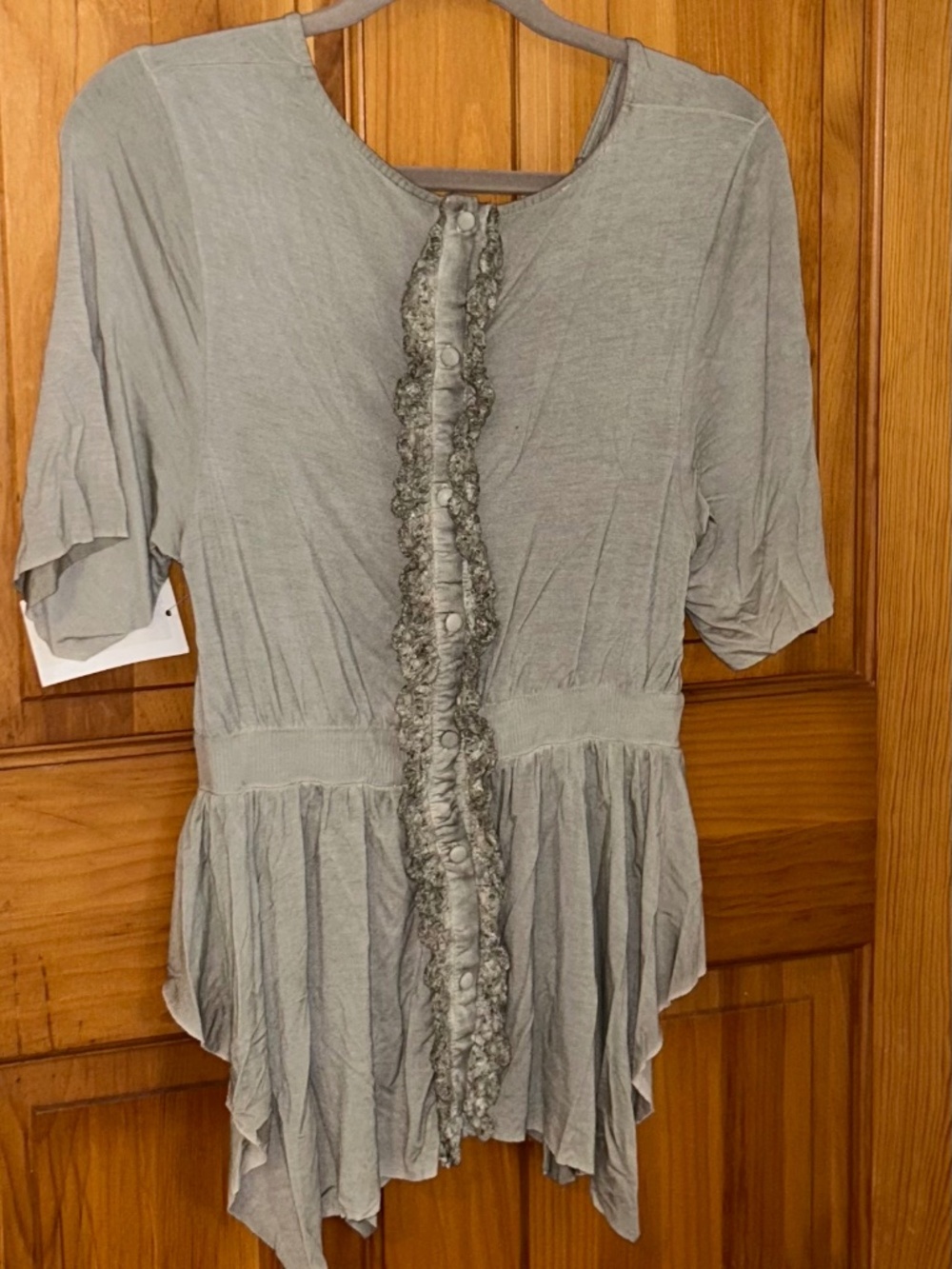 NWT Small Pol Green Tunic Asymmetrical Top Faux Wrap Front Lace Trim Button Up